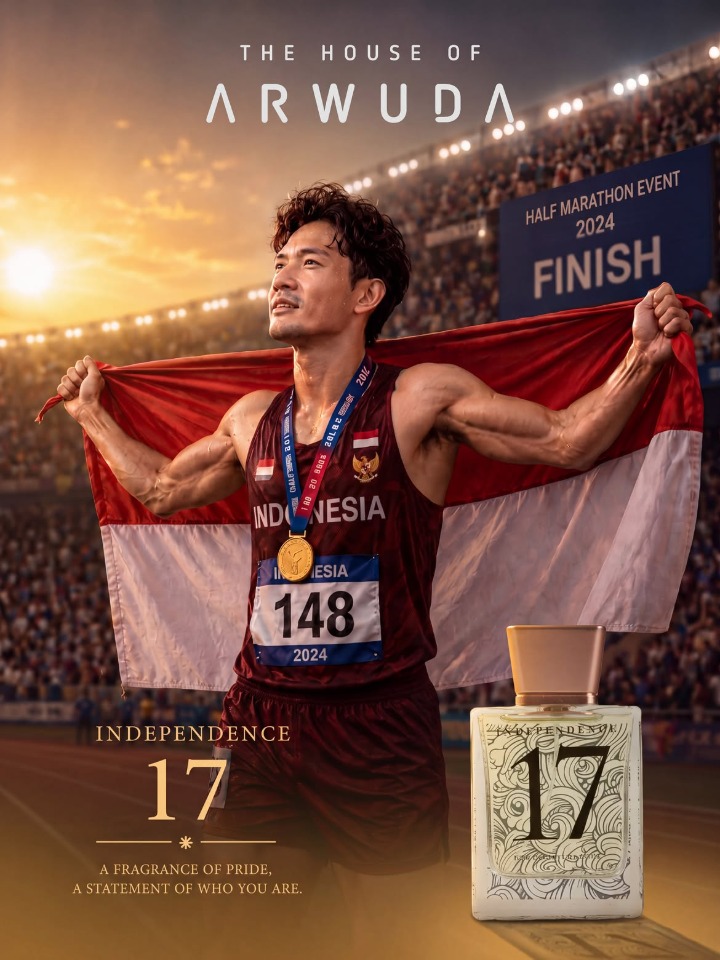 House of Arwuda Independence Day poster with a marathon runner holding the Indonesian flag
