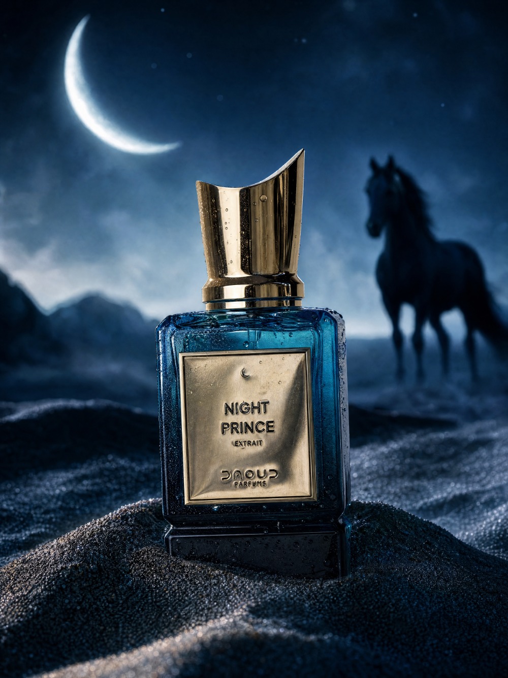DAOUD Night Prince product poster with a crescent moon and horse in a desert night scene