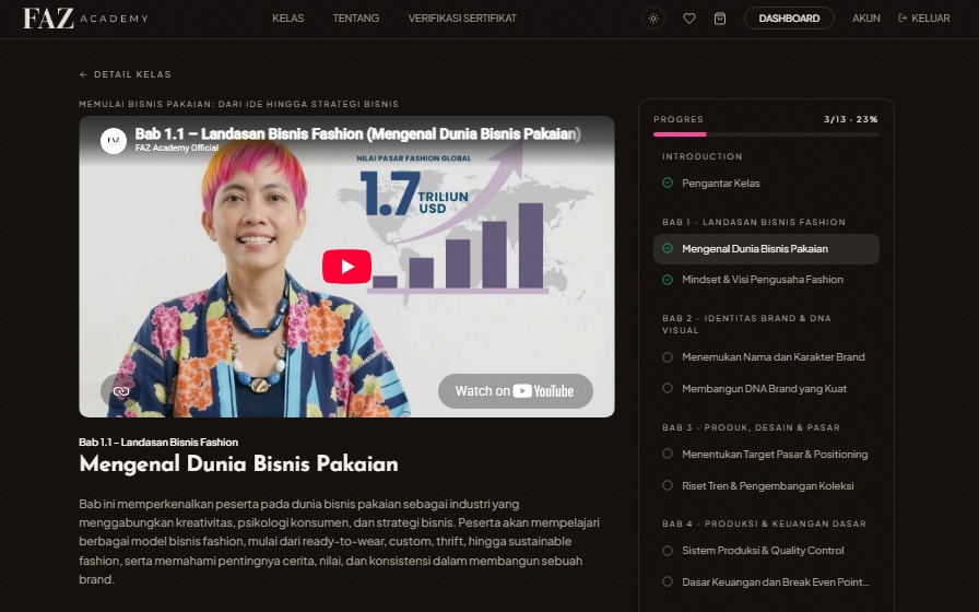 FAZ Academy lesson player with the video and chapter progress list